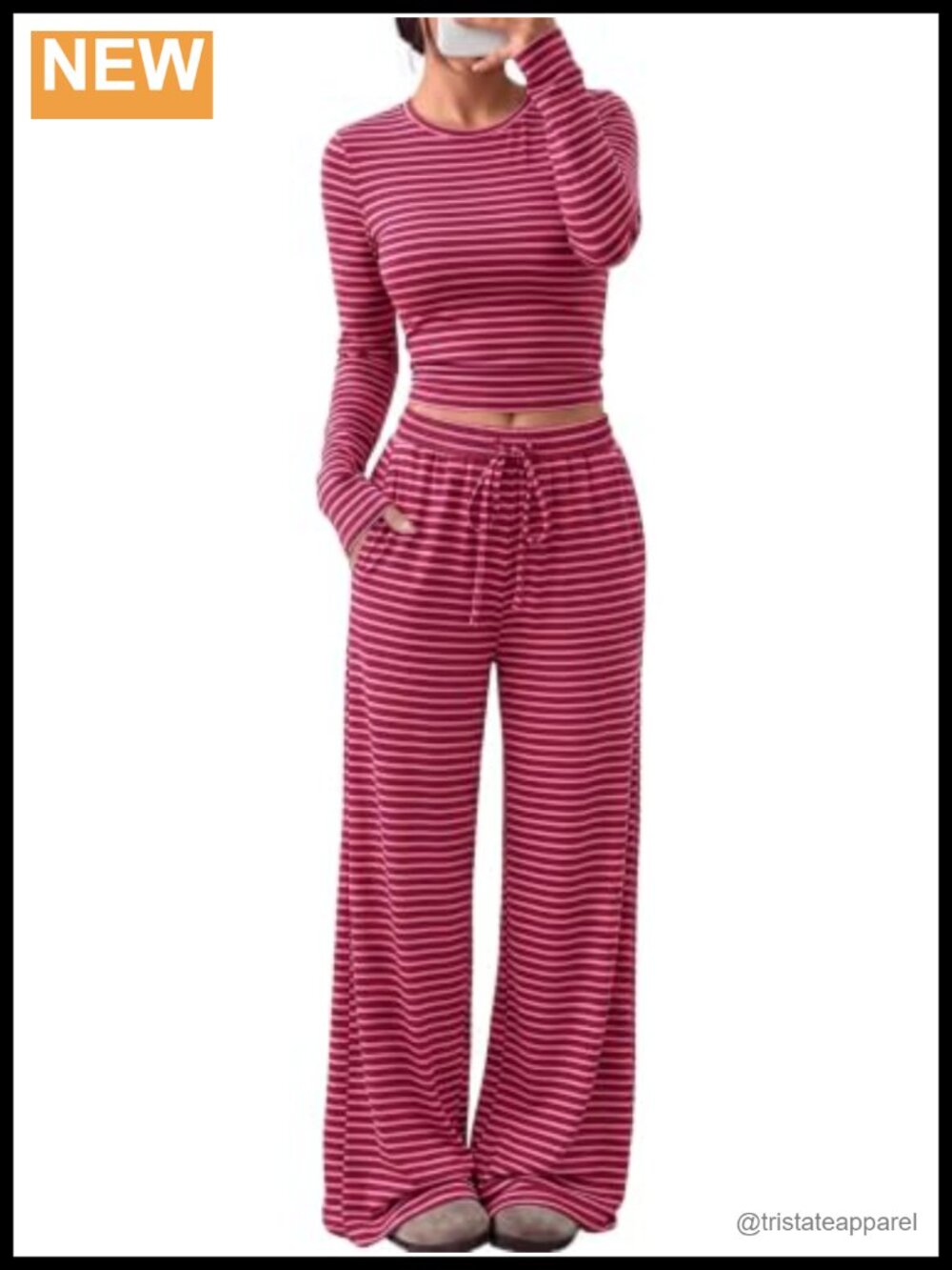 Women's 2 Piece Lounge Set Long Sleeve Top Wide Leg Pants with Pockets
